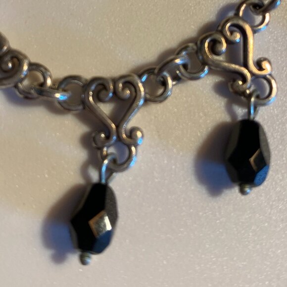 RETIRED Brighton Silver Hearts Black Beaded Bracelet with Faceted Crystal Charms - Picture 2 of 6